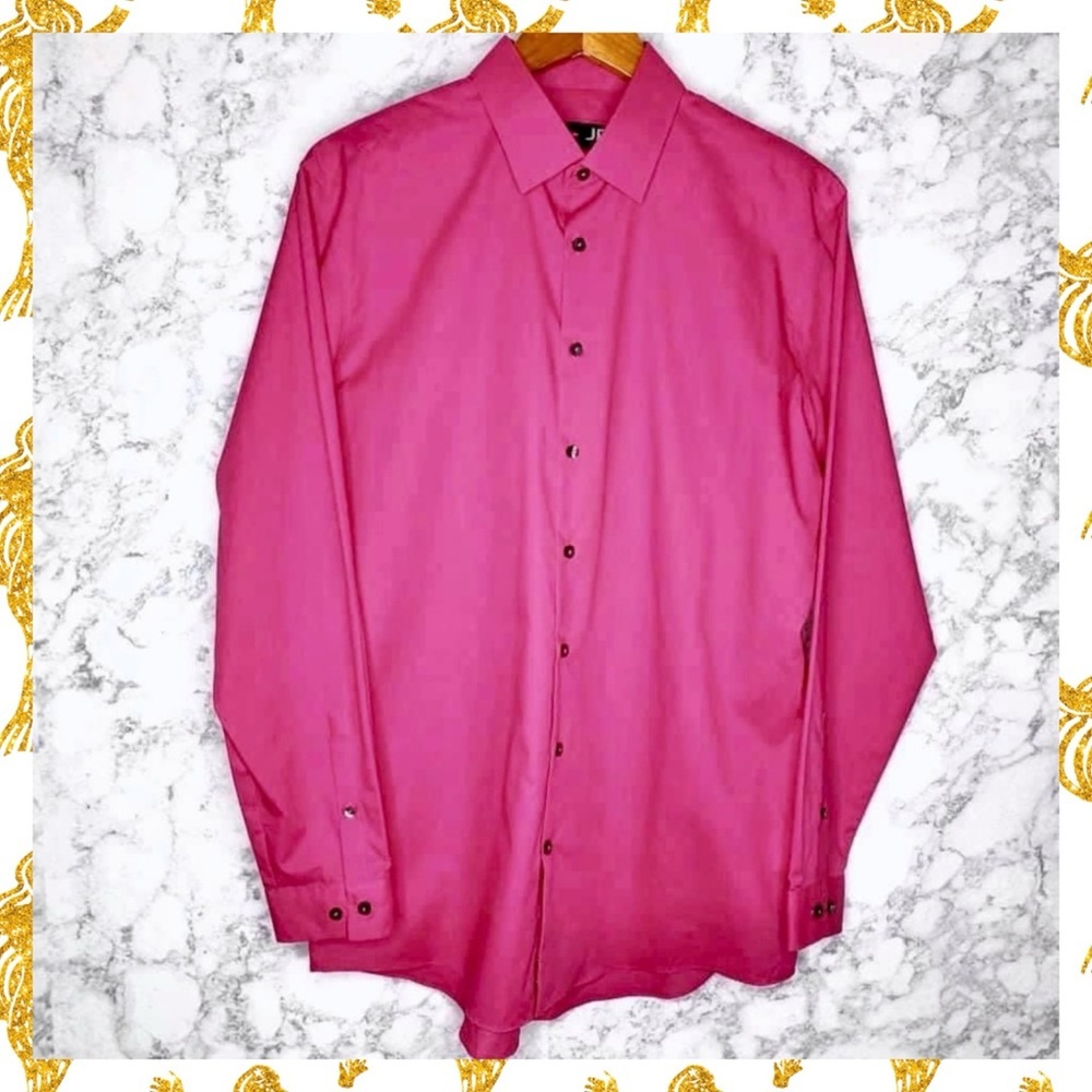 JF J. Ferrar Men’s Slim Fit Pink Button Up Dress Shirt Size Large